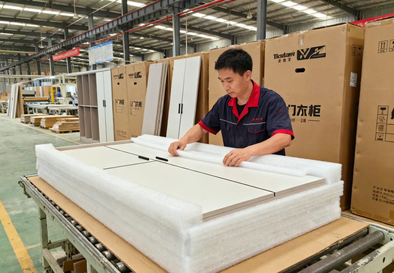 Panel furniture packaging inspection with carton protection